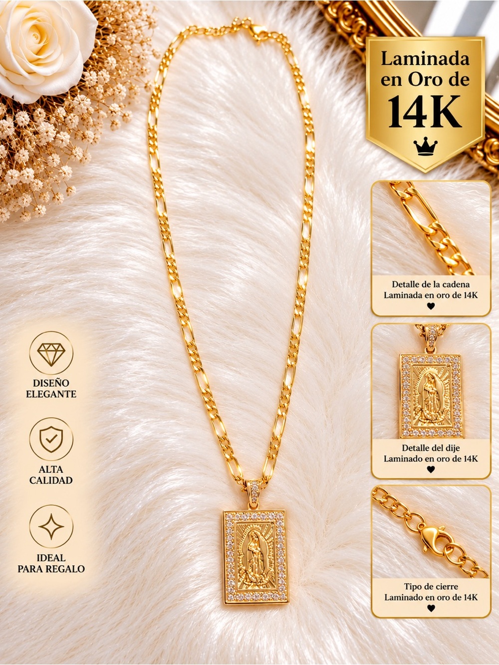14K Gold-Plated Rectangular Virgin Mary Necklace - Gold